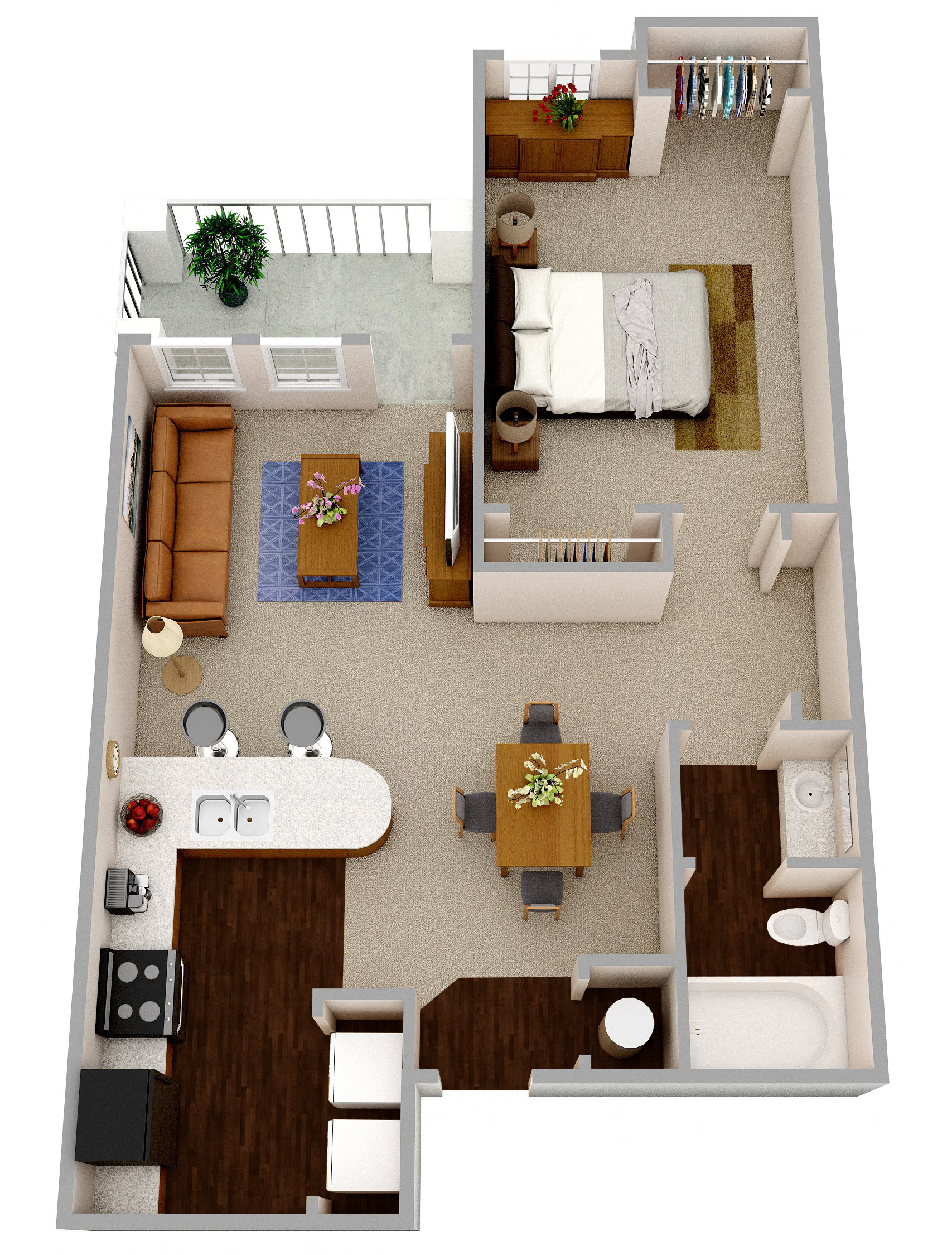 Floor plan for 1 bed, 1 bath, 769 sqft